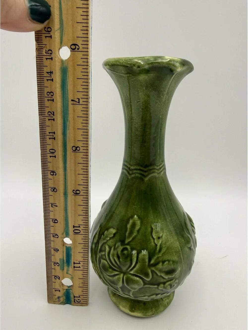 Vintage Green Floral Handmade Signed Vase 6”